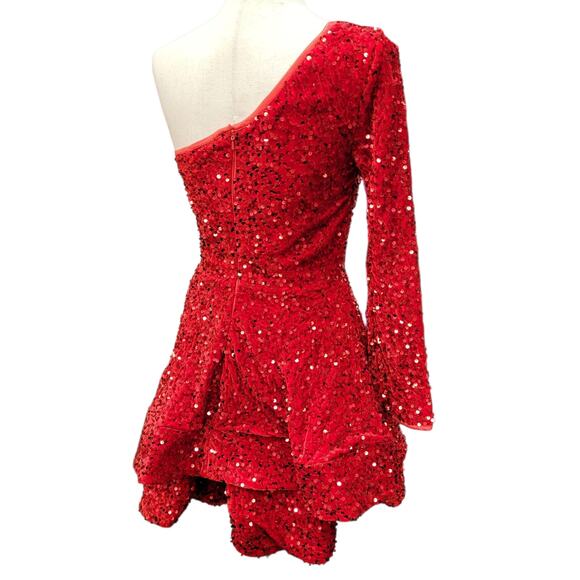 NWT Bright Red Size 2 Asymmetric One Long Sleeve Short Sequin Dress - Picture 8 of 13